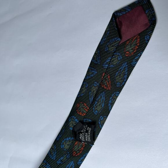 Harrods Knightbridge Silk Tie Green Stylized Leaf Like Pattern Blue Orange - Picture 6 of 7
